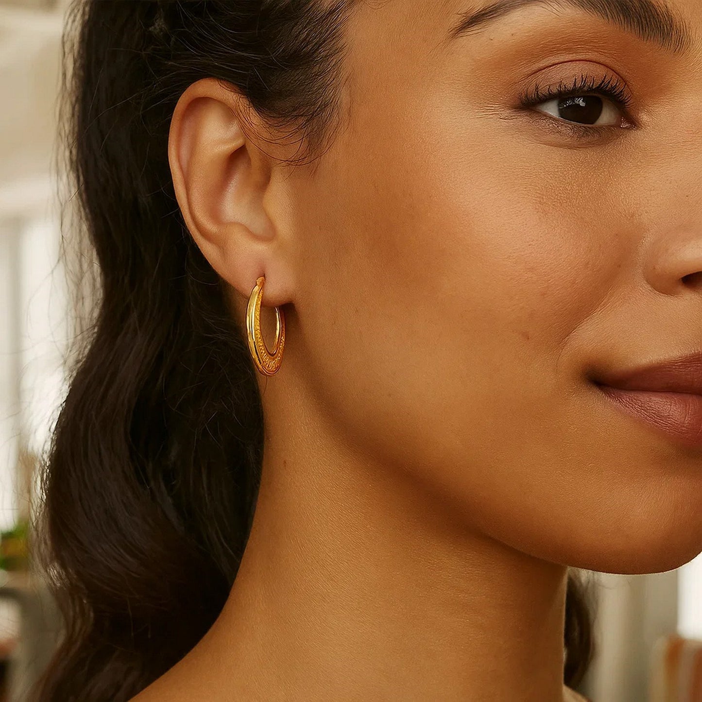 14K Yellow Gold Diamond Cut Etched Pattern Hoop Earrings