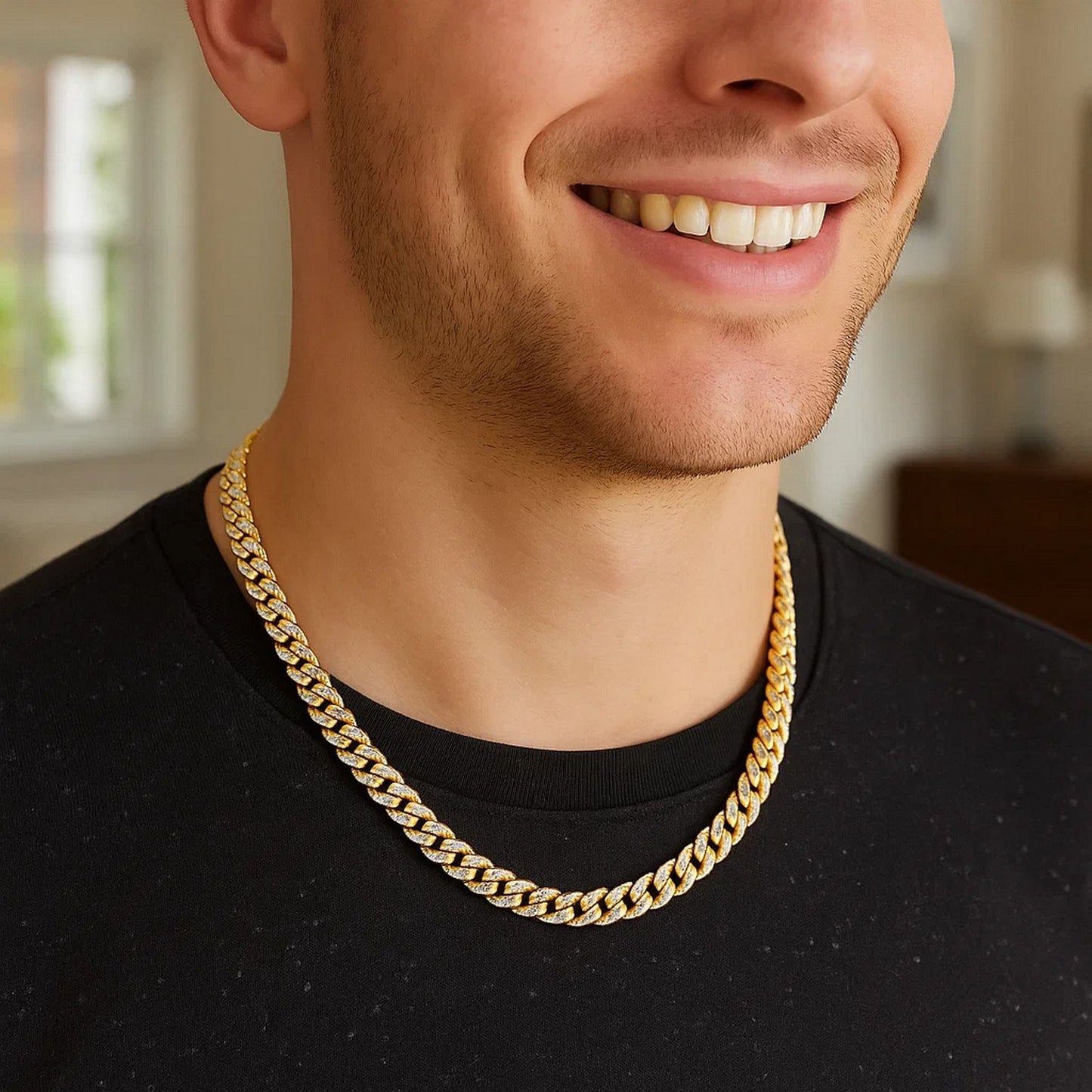 14k Yellow Gold White Pave High Polish Modern Lite Miami Cuban Chain (6.50 mm)