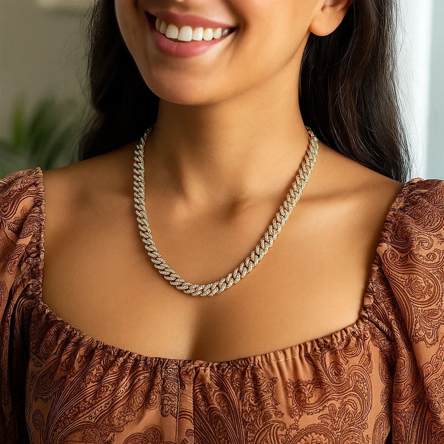 14k Yellow Gold White Pave High Polish Modern Lite Miami Cuban Chain (6.50 mm)